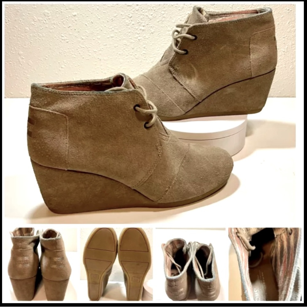 TOMS Suede Desert Lace Up Wedge Heels Booties Shoes Women's 9 Gray Aztec Lining
